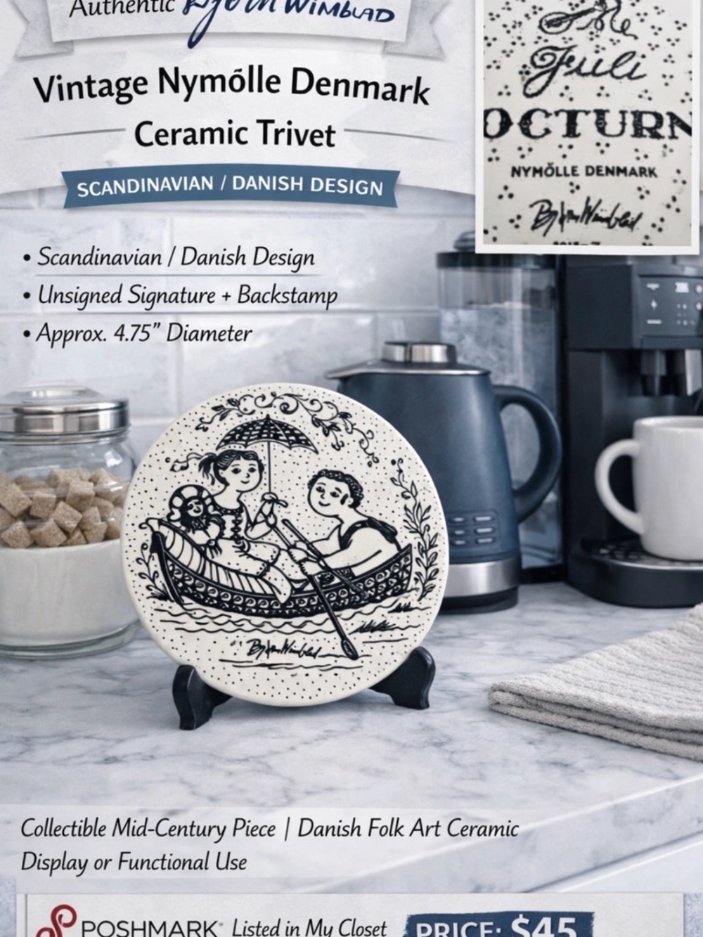 Vintage Black & White Ceramic Trivet - Nymølle